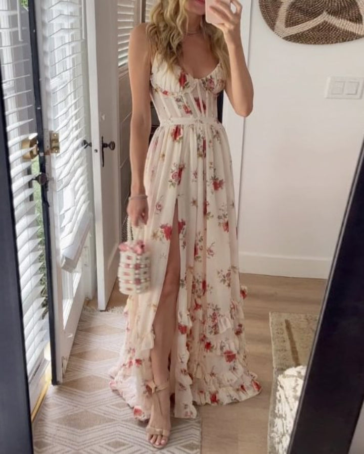 Damen Maxikleid mit floralem Spitzenoberteil und hohem Schlitz Drune
