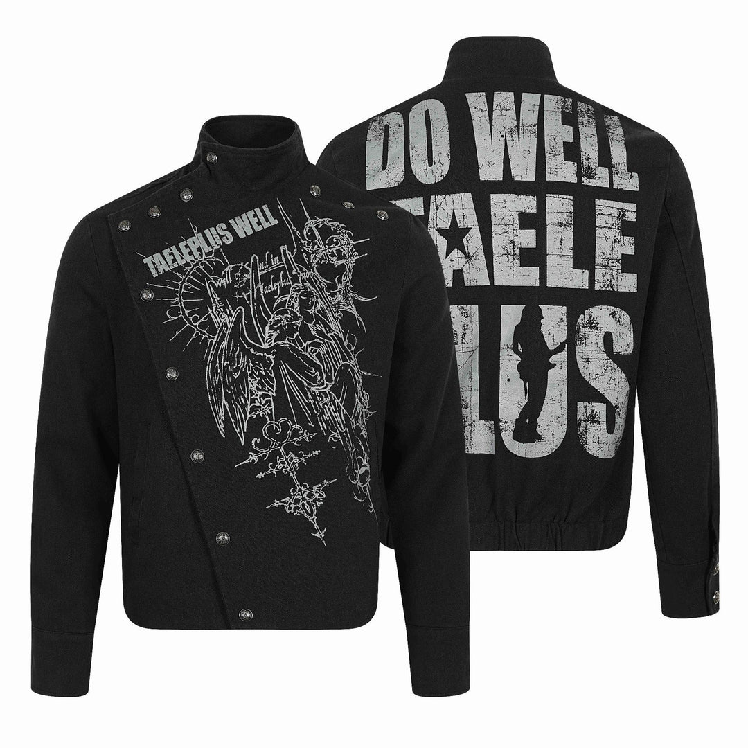 Herren Asymmetrische Blousonjacke mit Stehkragen, Metallknopfbesatz und Grafikprint Drune