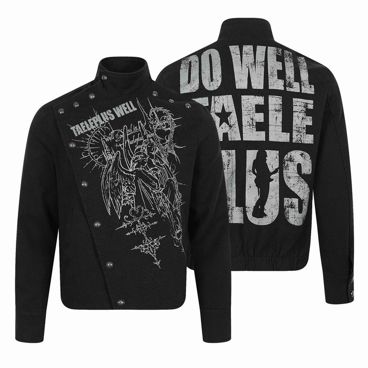 Herren Asymmetrische Blousonjacke mit Stehkragen, Metallknopfbesatz und Grafikprint Drune