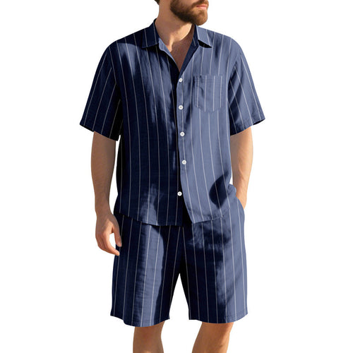 Herren Kurzarm-Pyjama-Set mit dezentem Streifenmuster und praktischer Brusttasche Drune