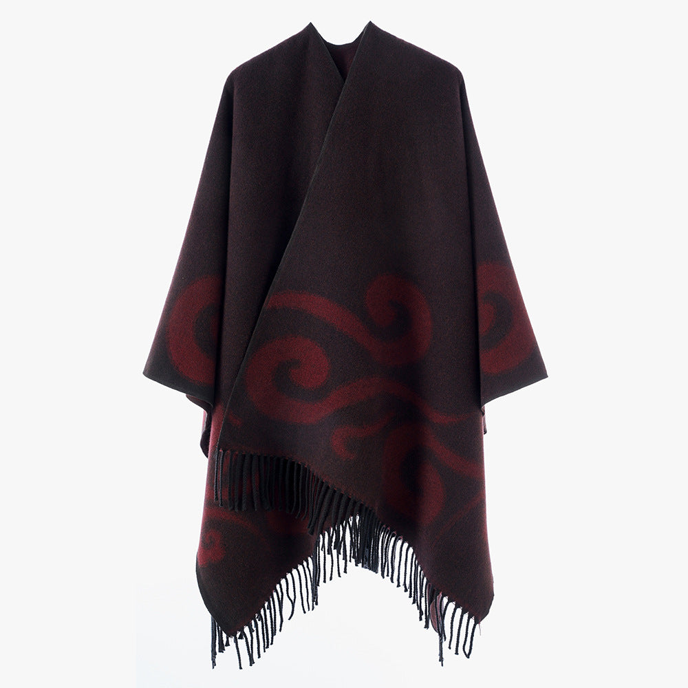 Damen Wollmix-Poncho mit Jacquard‑Wirbelmuster, V-Ausschnitt und Fransen Drune