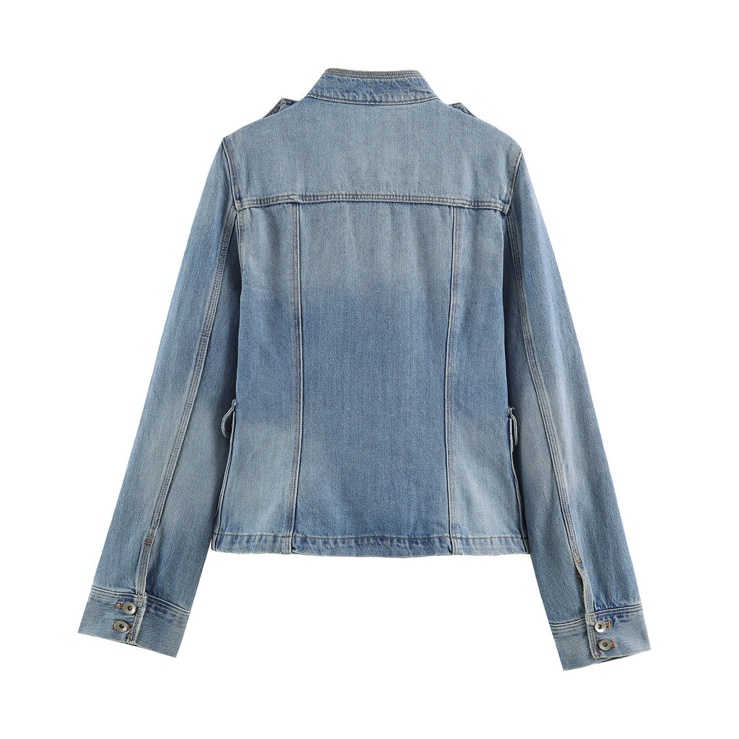 Damen nan leichte Denimjacke mit Stehkragen Schulterklappen und vier Pattentaschen Drune