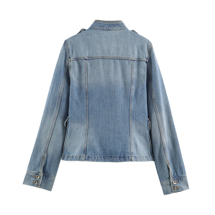 Damen nan leichte Denimjacke mit Stehkragen Schulterklappen und vier Pattentaschen Drune