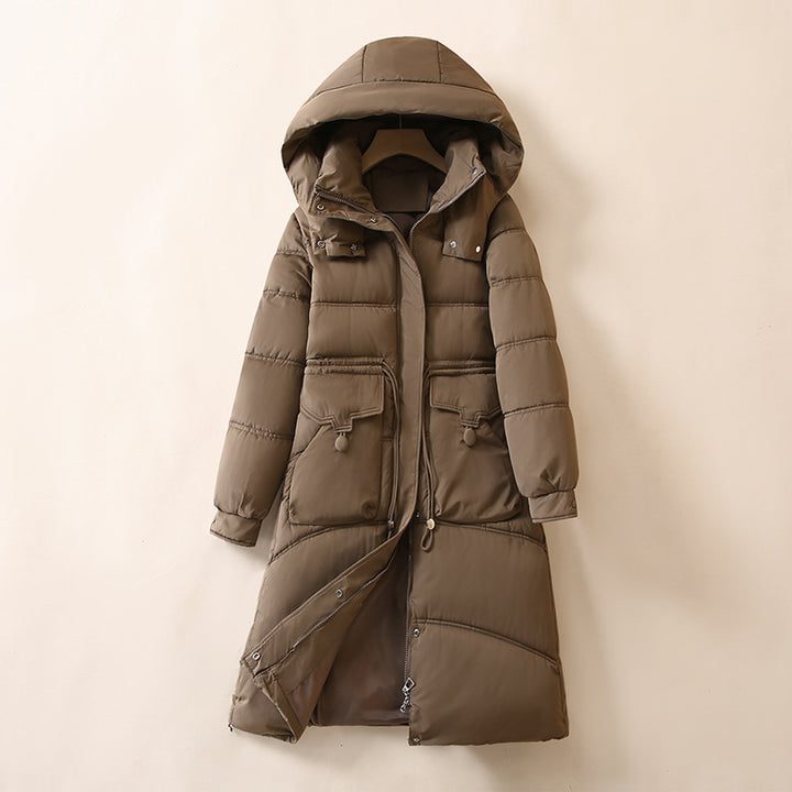 Damen Lange, warme Pufferjacke mit praktischen Taschen und Kapuze Drune