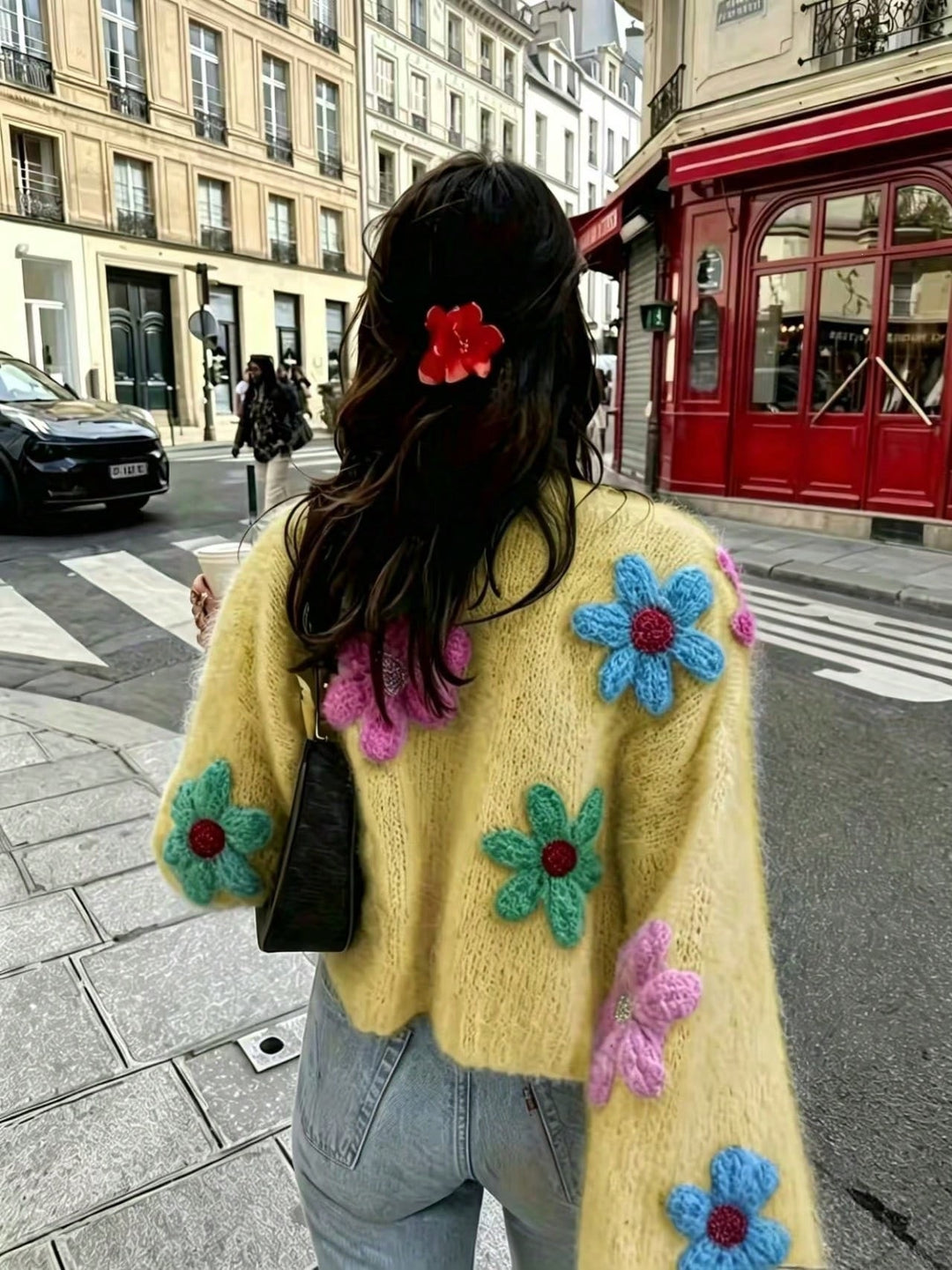 Damen Oversize Strickcardigan mit 3D‑Blütenapplikationen Drune