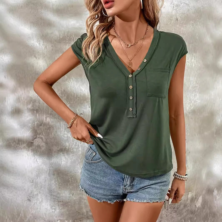 Damen V-Ausschnitt T-Shirt mit Knopfleiste und Brusttasche Drune