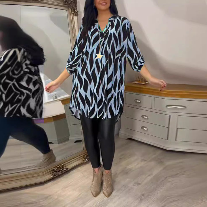 Damen nan weite Longtunika mit abstraktem Wellenprint, V-Ausschnitt und krempelbaren Dreiviertelärmeln Drune