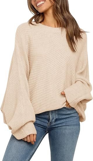 Damen lässiger Strickpullover mit weitem Schnitt und exquisitem Rippenmuster Drune