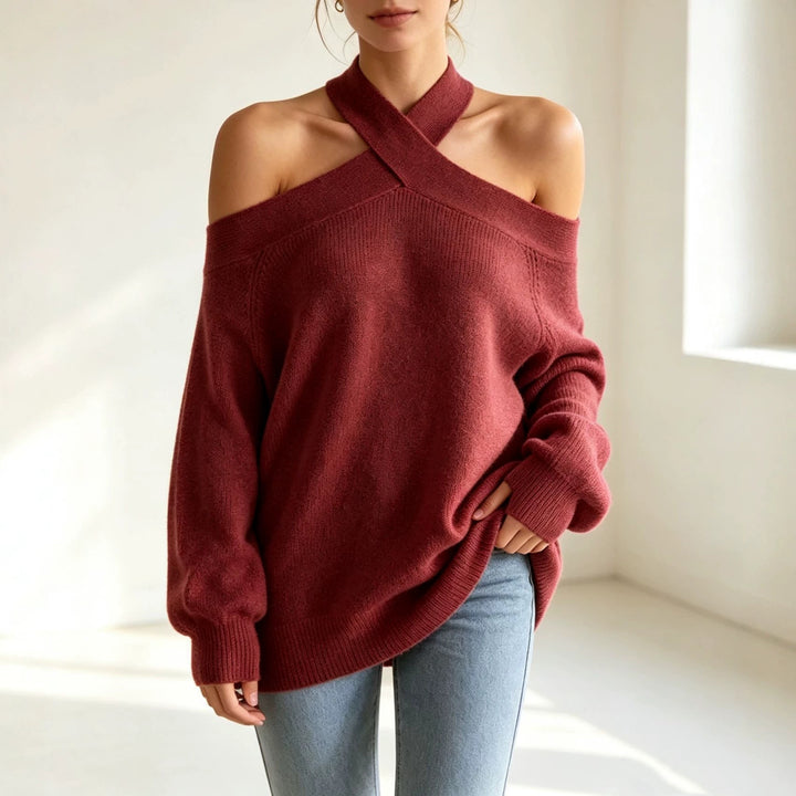 Damen Grobgestrickter schulterfreier Pullover mit überkreuztem Neckholder Drune