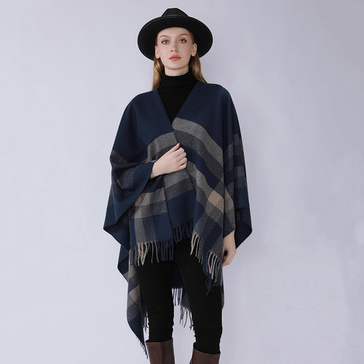 Damen Grobgewebte Cape‑Ruana im Oversize mit verlaufendem Karomuster und Fransensaum Drune