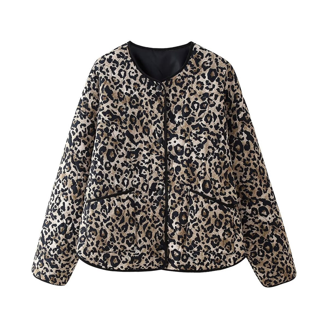Damen nan gesteppte Leo-Print Steppjacke mit Rundhalsausschnitt, Druckknopfverschluss und aufgesetzten Taschen Drune