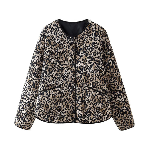 Damen nan gesteppte Leo-Print Steppjacke mit Rundhalsausschnitt, Druckknopfverschluss und aufgesetzten Taschen Drune