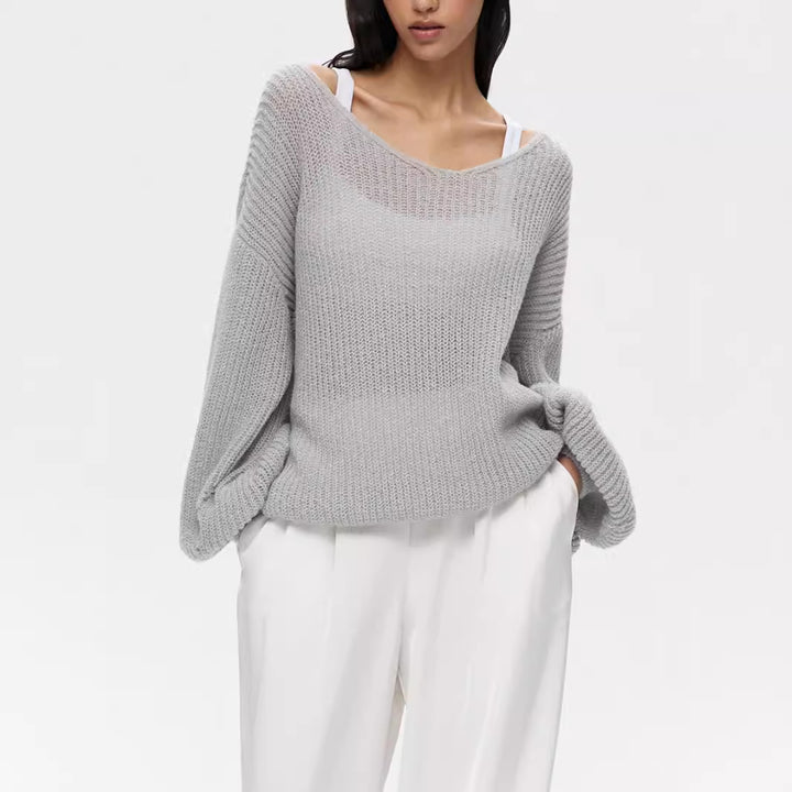 Damen lässiger Strickpullover mit tiefem V-Ausschnitt und voluminösen Ärmeln Drune