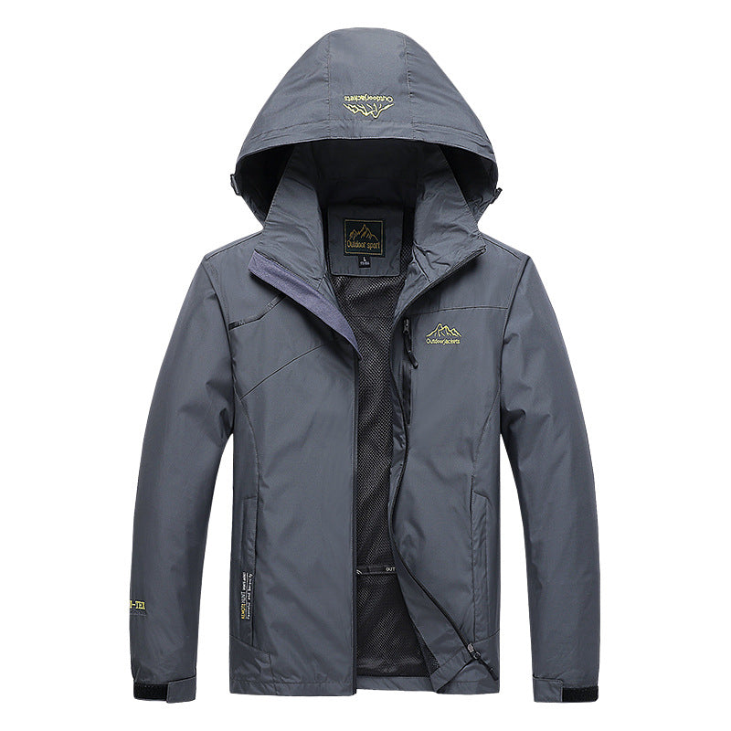 Herren atmungsaktive Softshell-Trekkingjacke mit verstaubarer Kapuze, Netzfutter und multifunktionalen Reißverschlusstaschen Drune