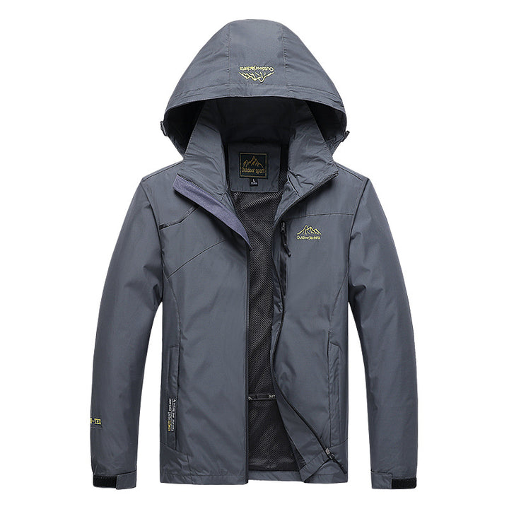 Herren atmungsaktive Softshell-Trekkingjacke mit verstaubarer Kapuze, Netzfutter und multifunktionalen Reißverschlusstaschen Drune