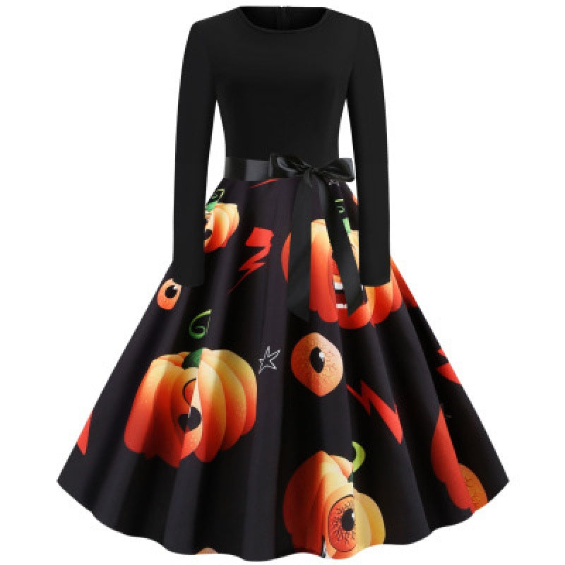 Damen Vintage Swingkleid mit Kürbisprint, langärmlig und taillierter Satinschleife Drune