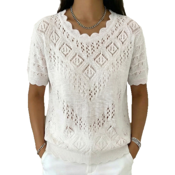 Damen nan kurzärmeliger Spitzenstrickpullover mit Ajourmuster und geschwungenem Ausschnitt Drune