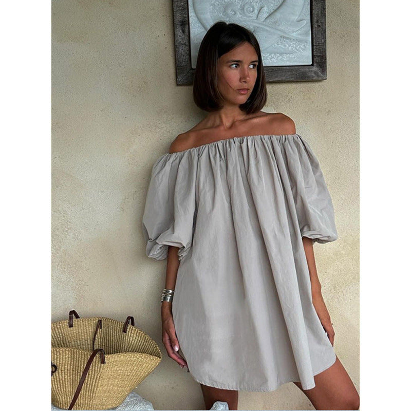 Damen Off-Shoulder Sommerkleid mit voluminösen Ärmeln und fließendem Schnitt Drune