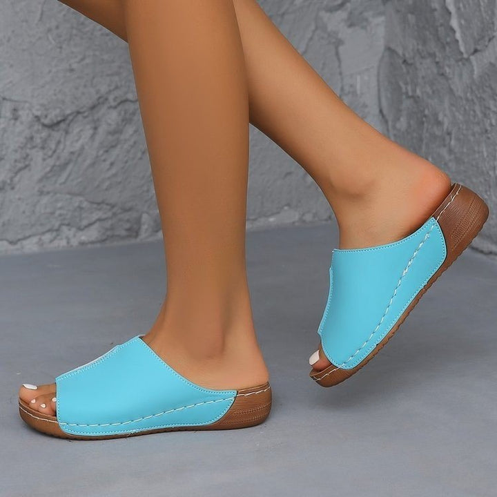 Damen Offene Komfort‑Mules mit gepolstertem Fußbett und Korkoptik‑Plateau Drune