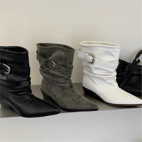 Damen Mid‑Calf Slouch Westernstiefel mit spitzer Zehenpartie, gerafftem Schaft und Zierschnalle Drune