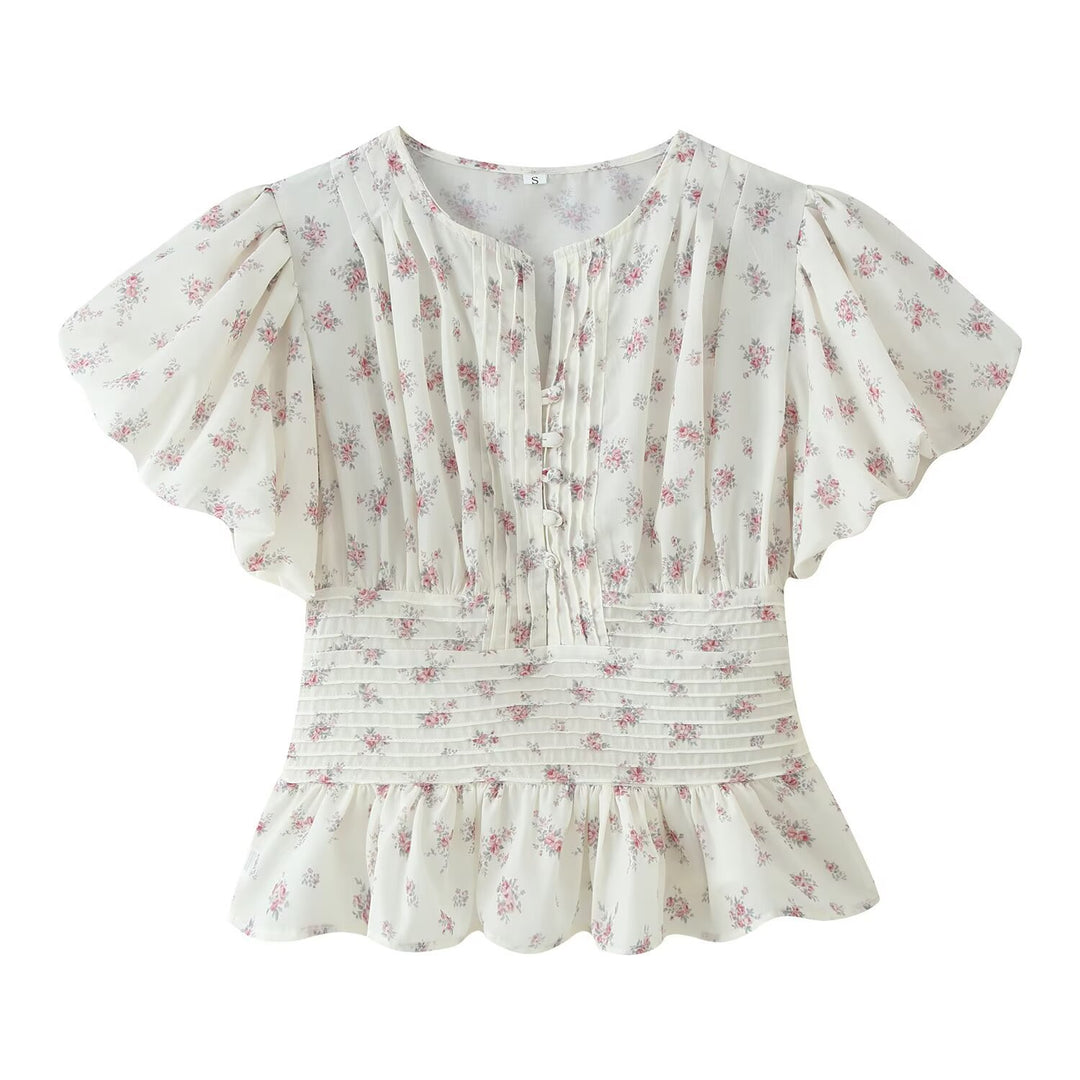 Damen Romantische Bluse mit Puffärmeln, Kellerfalten‑Blende und gesmokter Taille Drune