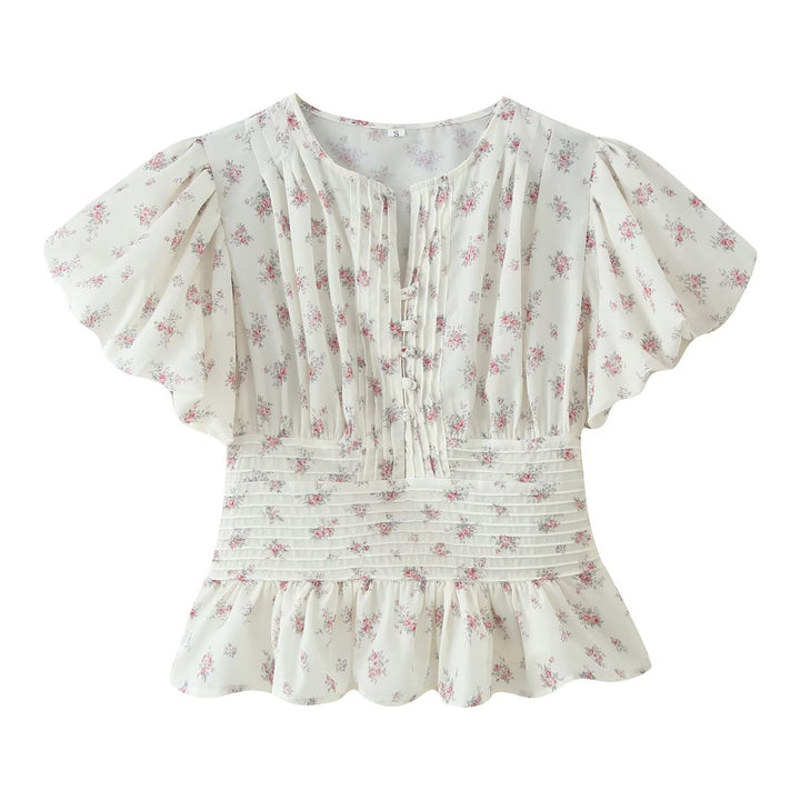 Damen Romantische Bluse mit Puffärmeln, Kellerfalten‑Blende und gesmokter Taille Drune