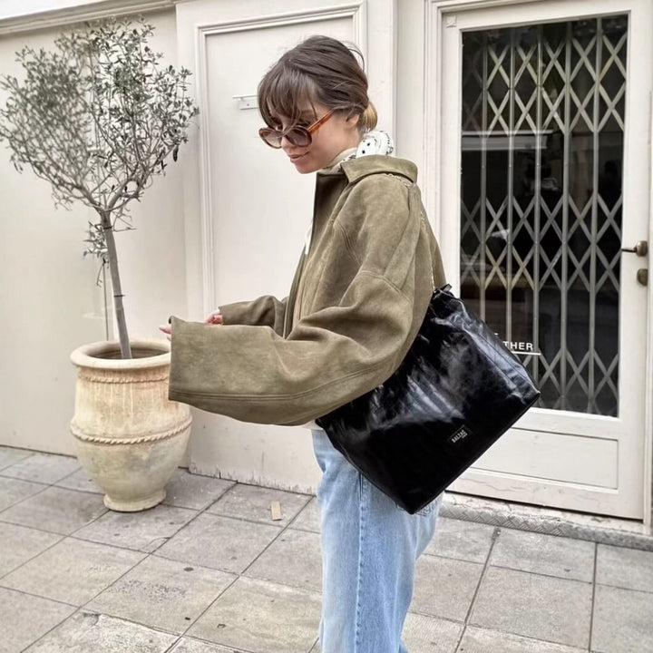 Damen Kurze Boxy‑Jacke im Oversize Wildleder‑Look mit Ballon‑Saum Drune