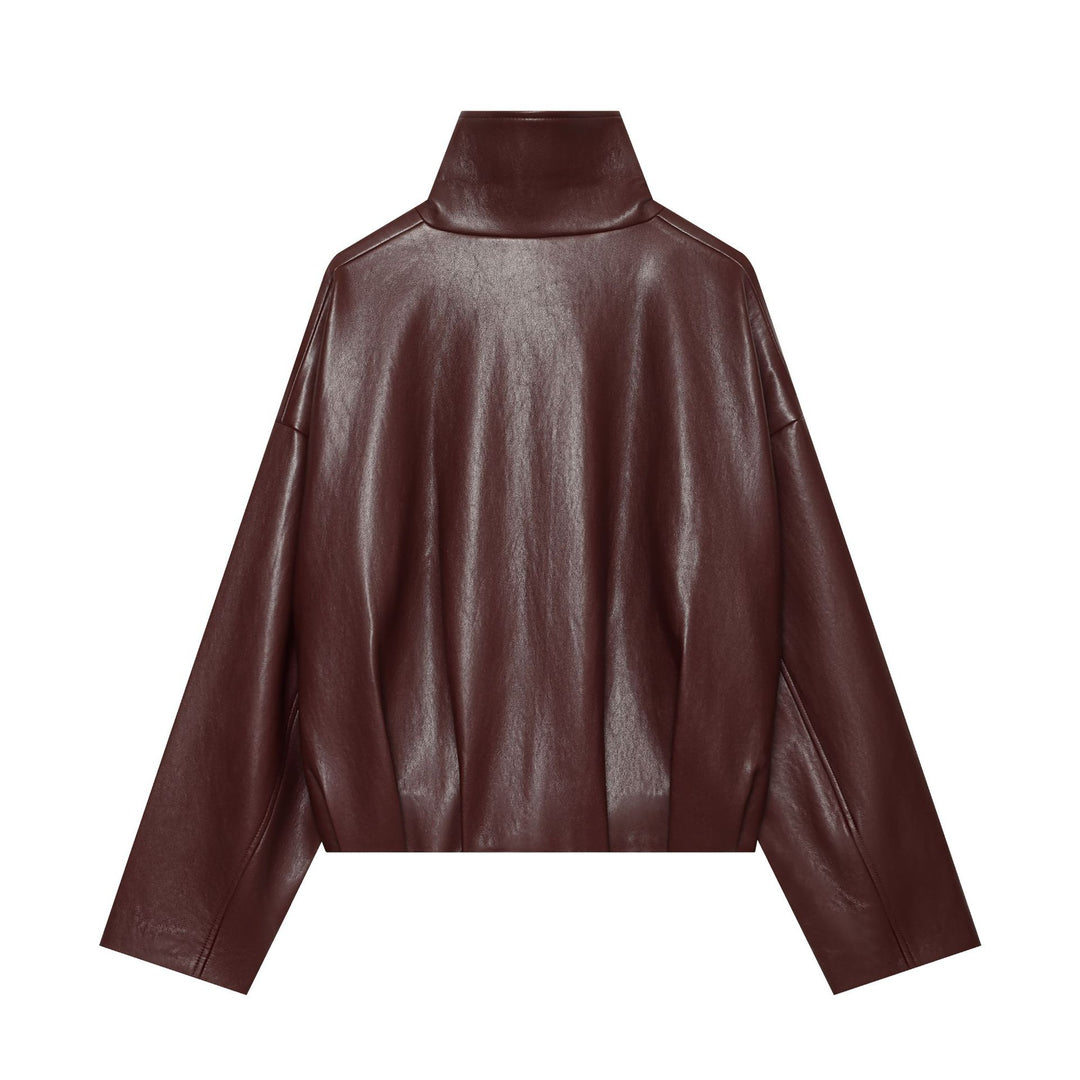 Damen Cropped Kunstlederjacke mit hohem Funnelkragen und durchgehendem Reißverschluss Drune
