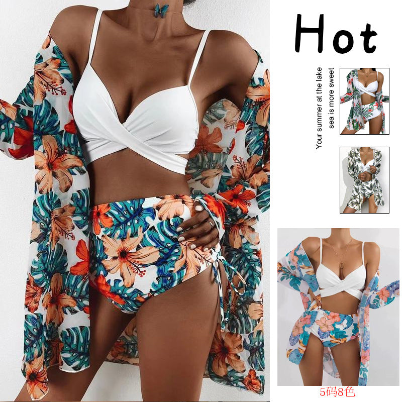 Damen Bikiniset mit floralem Kimono und hoch geschnittenem Oberteil Drune