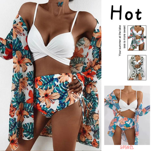 Damen Bikiniset mit floralem Kimono und hoch geschnittenem Oberteil Drune