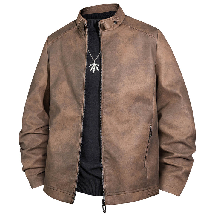 Herren Vintage-Lederoptik-Bomberjacke mit Stehkragen und Reißverschluss Drune