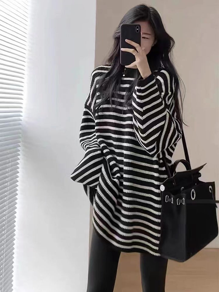 Damen Oversize Strick-Longpullover mit horizontaler Streifenstruktur Drune