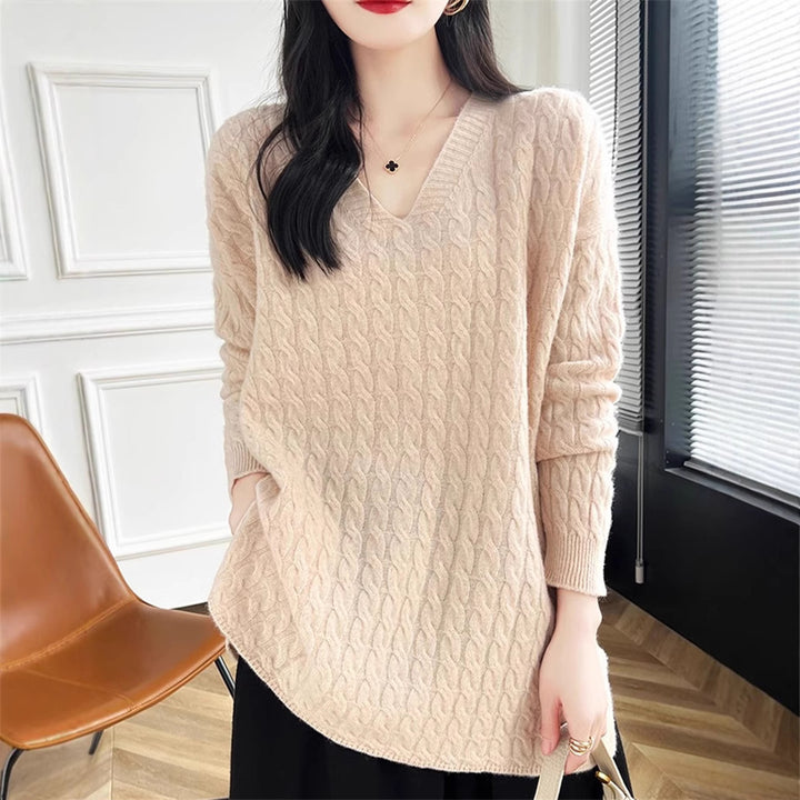 Damen Grobstrickpullover mit tiefem V-Ausschnitt und strukturierter Textur Drune