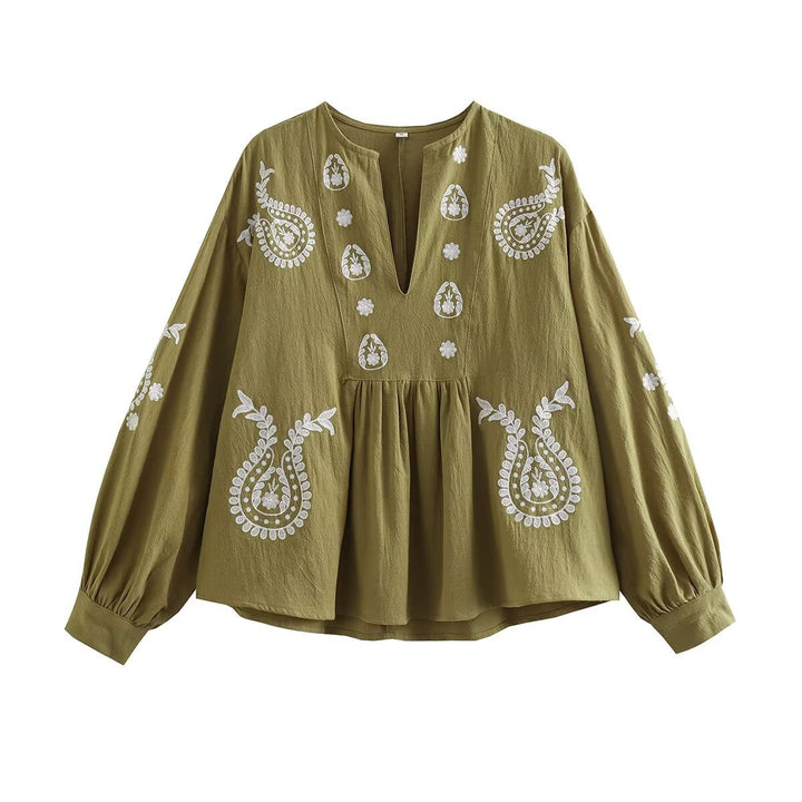 Damen bestickte Baumwoll-Tunika mit weitem Fall, Paisley-Motiven und Ballonärmeln Drune