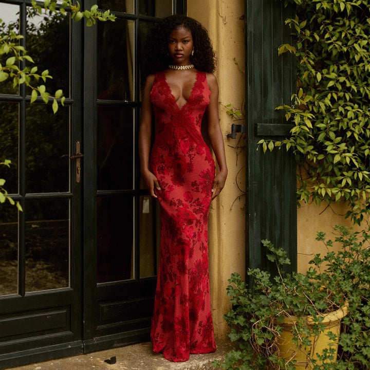 Damen nan figurbetontes Maxikleid im Meerjungfrauen-Schnitt mit tiefem V-Ausschnitt und floraler Spitzenapplikation Drune