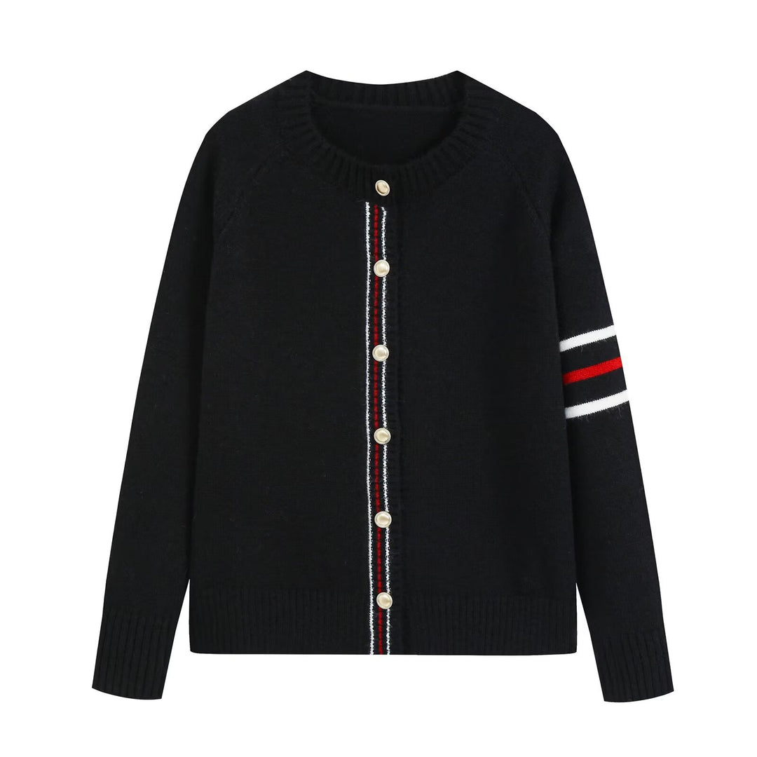 Damen Feinstrick-Cardigan mit Kontraststreifen und goldenen Zierknöpfen Drune