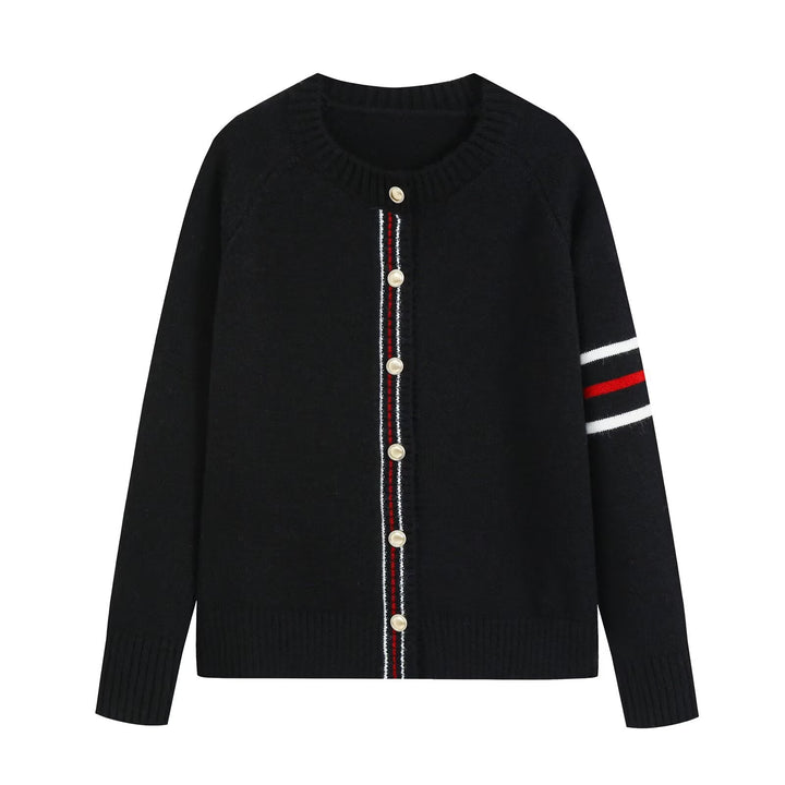 Damen Feinstrick-Cardigan mit Kontraststreifen und goldenen Zierknöpfen Drune