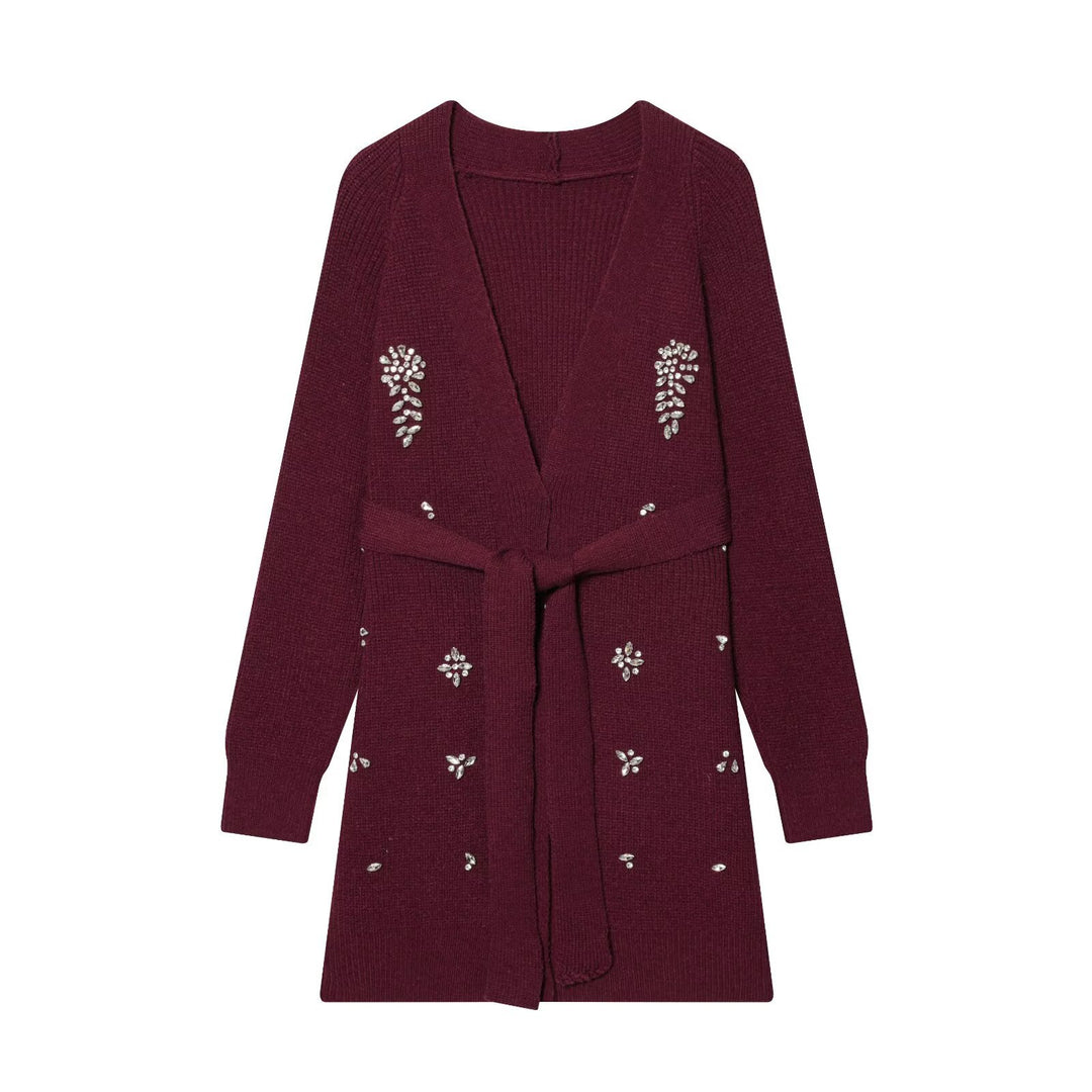 Damen Longcardigan mit Bindegürtel und Schmuckstein‑Applikation Drune