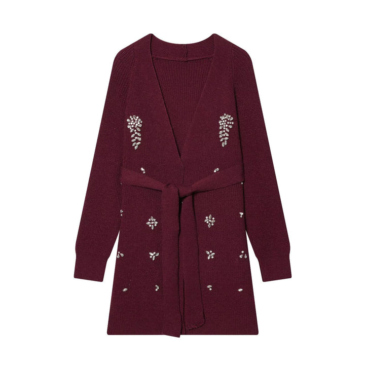 Damen Longcardigan mit Bindegürtel und Schmuckstein‑Applikation Drune