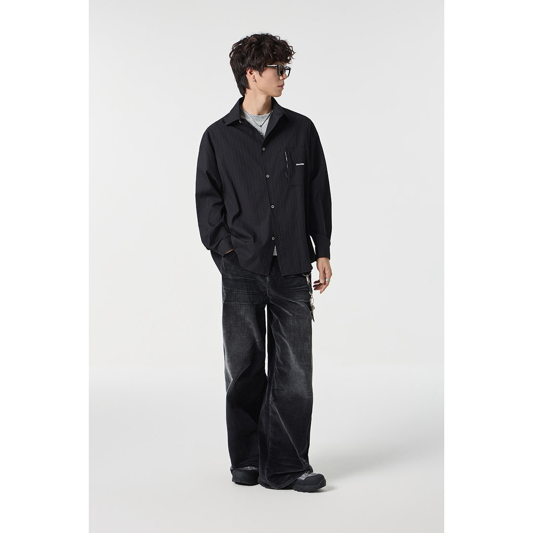 Unisex Oversize Hemdjacke mit strukturierter Rippenoptik und aufgesetzter Brusttasche Drune