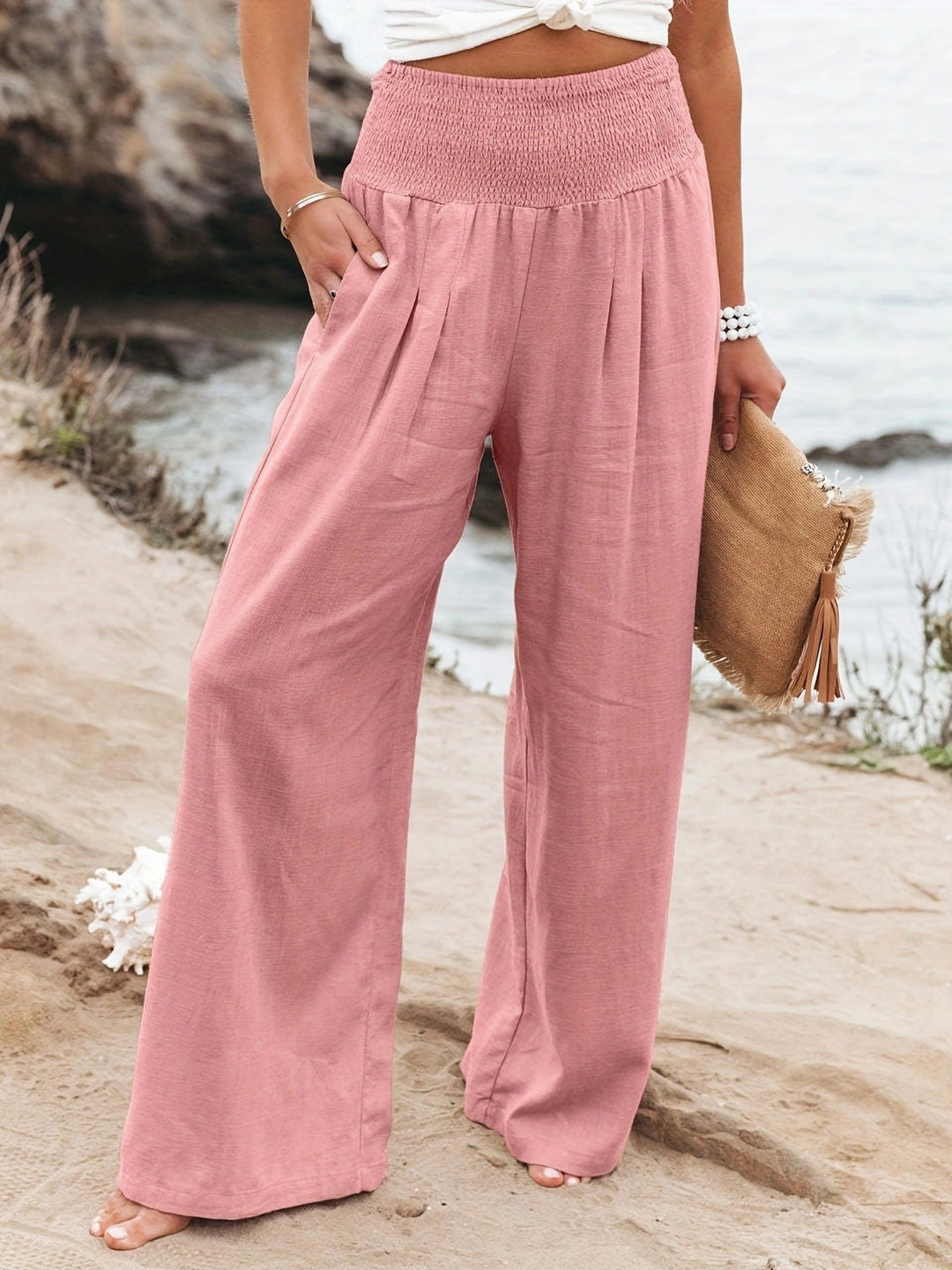 Damen Weite Leinenhose mit elastischem Bund und Falten Drune