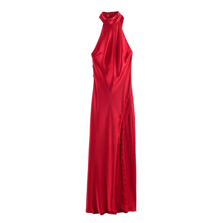 Damen Lange Abendrobe mit elegantem Kragen und Spitzenakzenten Drune