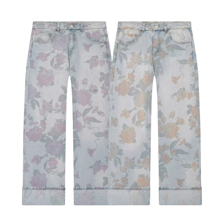 Damen Highwaist-Jeans mit weitem Bein, floralem Allover-Print und Umschlag Drune