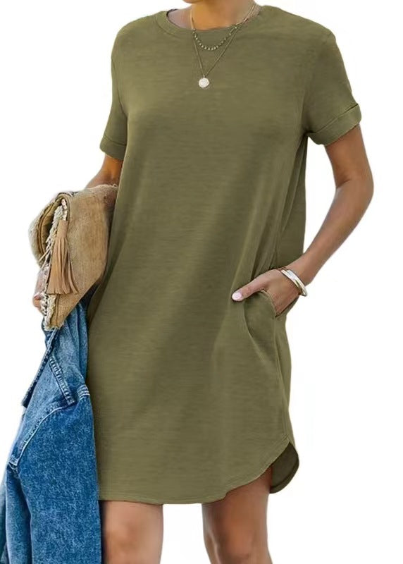 Damen lässiges Freizeitkleid mit Taschen und Rundhalsausschnitt Drune