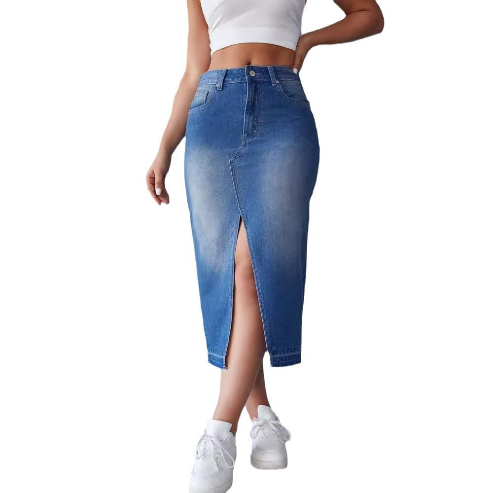 Damen nan figurbetonter Highwaist-Denim-Bleistiftrock mit vorderlichem Oberschenkelschlitz und rohem Saum Drune