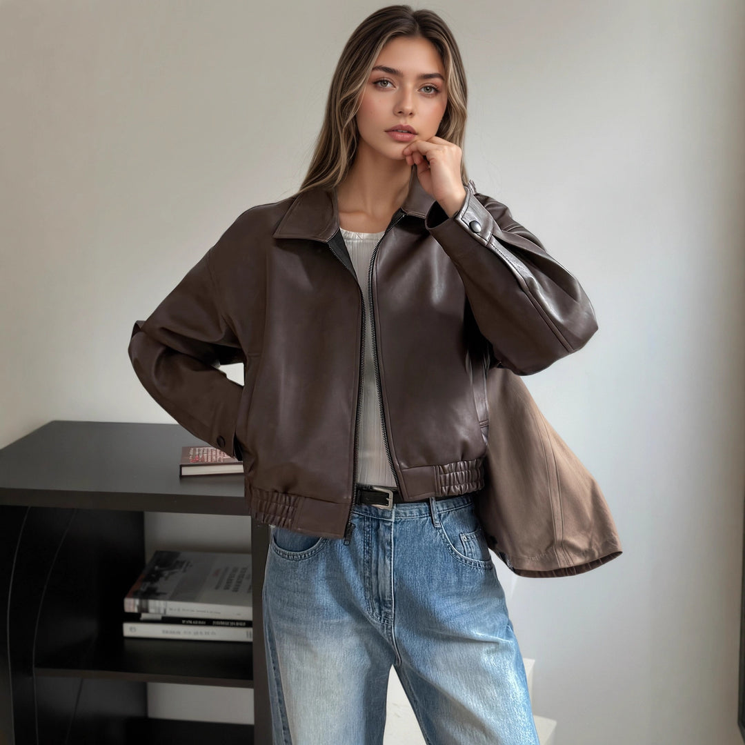 Damen Oversize Kunstlederjacke im modernen Look mit praktischem Reißverschluss und elastischem Bund Drune