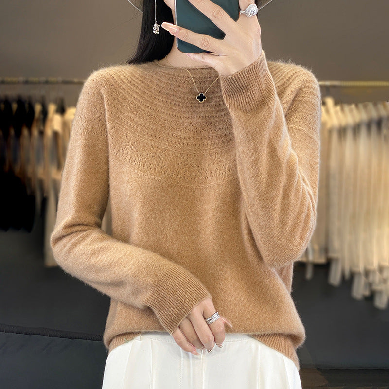 Damen Weicher Ajour‑Yoke Rundhalspullover in Kaschmir‑Optik Feinstrick Drune