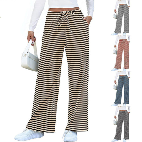 Damen weite Streifenhose mit elastischem Bund und Kordelzug Drune