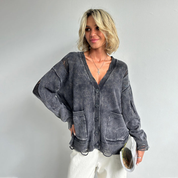 Damen Oversized Strickjacke mit Knopfdetails Drune