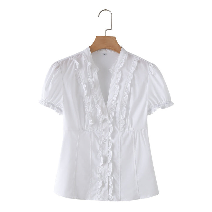 Damen Rüschenshirt mit elegantem V-Ausschnitt und taillierter Passform Drune